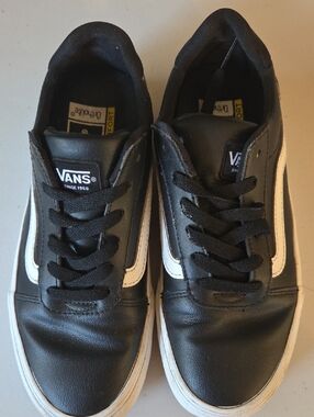 Vans Black Leather Low-Top Sneakers with White Stripe